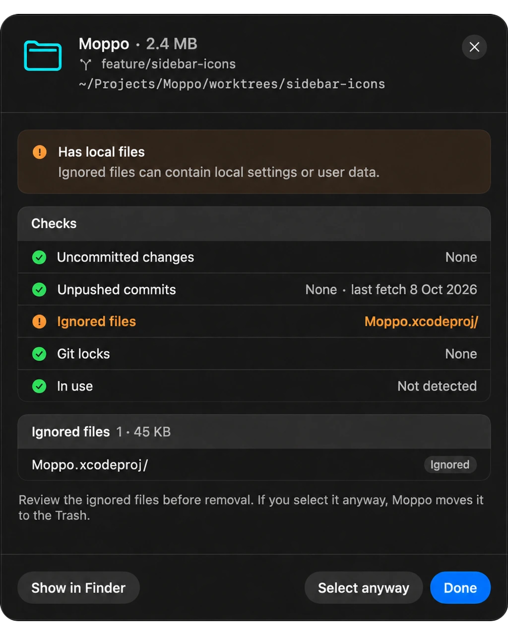 Il dialogo di controllo dei worktree di Moppo segnala file locali, modifiche non salvate in commit, commit non inviati, blocchi Git e worktree in uso.