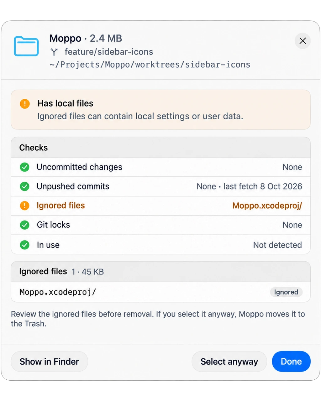 Il dialogo di controllo dei worktree di Moppo segnala file locali, modifiche non salvate in commit, commit non inviati, blocchi Git e worktree in uso.